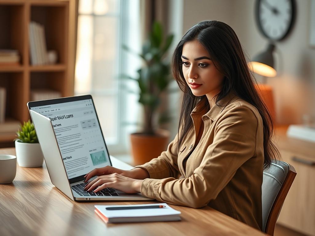 Create a hyper-realistic high-resolution photo focusing on a single subject: a confident young woman, sitting at a clean, modern wooden desk in a cozy home office setting. She appears engaged and thoughtful, studying her laptop screen, which displays financial documents related to quick loans. The woman, of South Asian descent, is dressed casually yet professionally, with soft natural lighting illuminating her face to emphasize her concentration.

In the background, include subtle elements that signify a pr