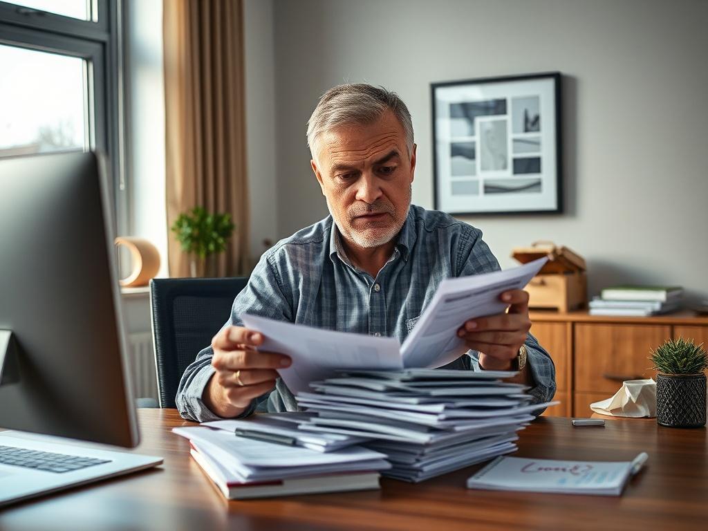 Create a realistic high-resolution photo that visually represents the blog titled "How to Replace Expensive MCA Loans Before They Drain Your Cash." The composition should focus on a single subject: a stressed business owner, a middle-aged individual of Caucasian descent, sitting at a modern wooden desk, looking at a stack of bills and financial documents with a concerned expression. 

The background should depict a tidy office environment, featuring a large window with natural light streaming in, illuminati