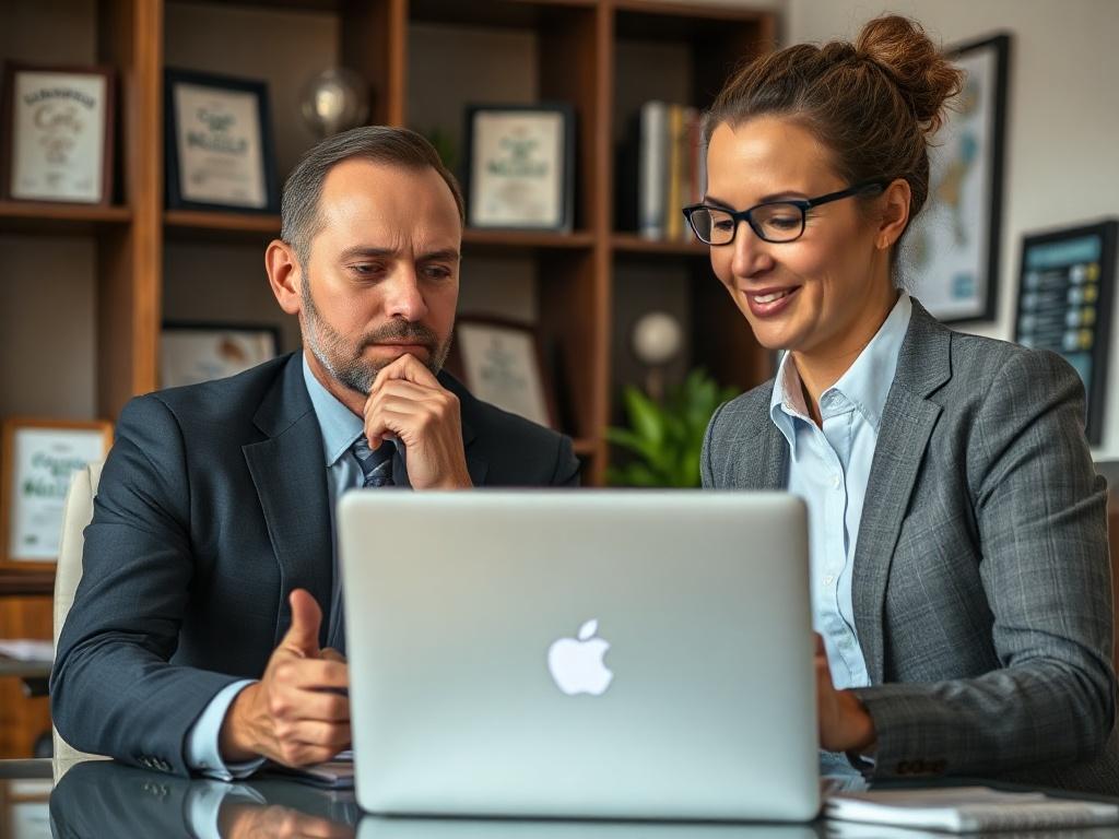 Create a realistic high-resolution photo that embodies the essence of a financial advisory session focused on short-term loans. The composition should be simple and clear, featuring a single subject: a thoughtful financial advisor or consultant in a well-lit office setting. The advisor should be portrayed as attentively discussing a financial document or a laptop screen with a client, conveying a sense of trust and professionalism.

The subject should be dressed in business-casual attire, exuding confidence