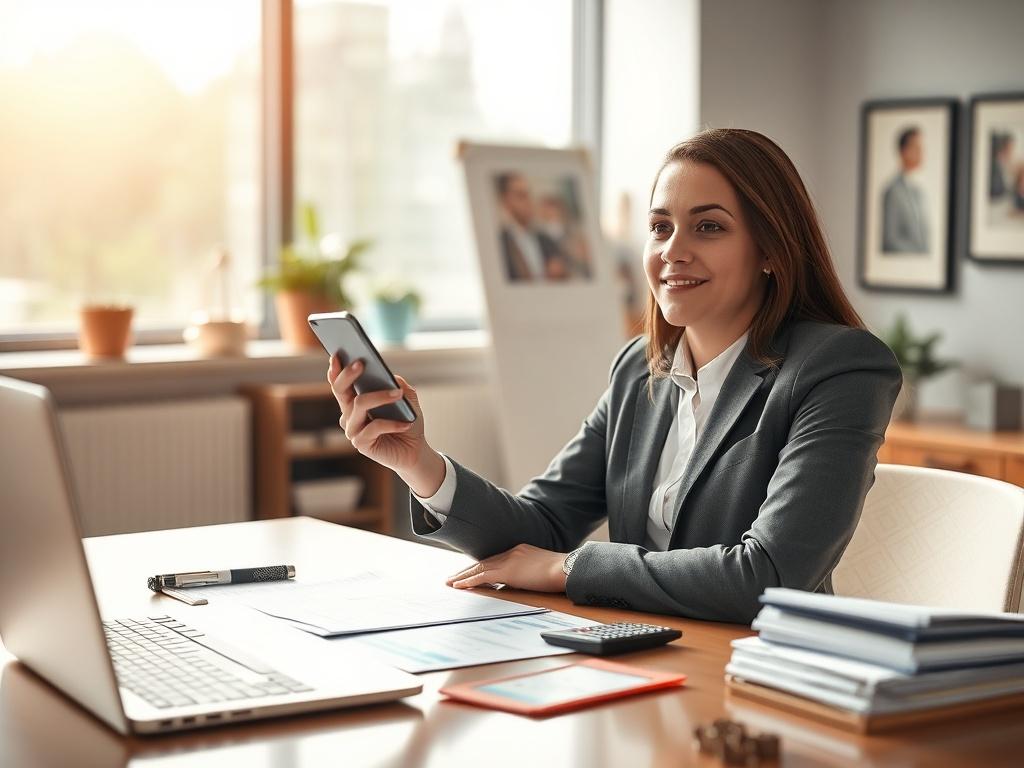 **AI Image Generation Prompt:**

Create a hyper-realistic, high-resolution close-up photograph that highlights the concept of financial security in the context of payroll management. The main subject should be a confident, professional-looking business person sitting at a modern, sleek desk. They should be holding a smartphone in one hand, with their eyes focused on the screen, displaying a sense of relief and assurance as they monitor incoming payments. 

The desk should have a neat arrangement: a laptop o