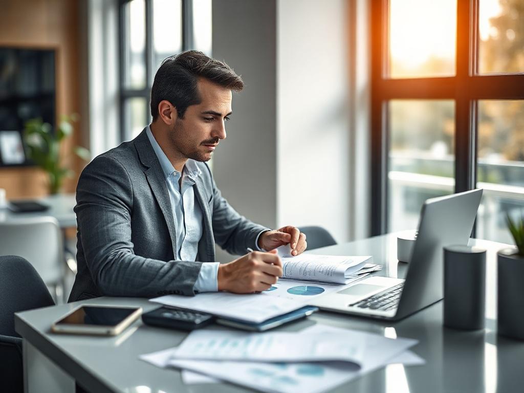 Create a realistic high-resolution photo featuring a professional financial consultant sitting at a sleek, modern desk, engrossed in analyzing financial documents and spreadsheets. The consultant should be a mid-thirties individual, dressed in business attire, with a focused expression that conveys dedication and expertise. The desk should be organized, with a laptop open displaying financial graphs and charts, a calculator, and an array of financial papers scattered around.

In the background, showcase a s
