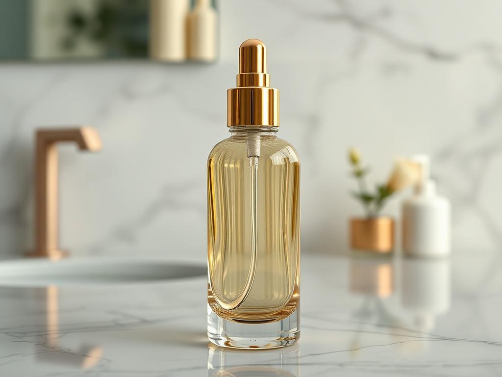 Create a high-resolution image of a luxurious hair product displayed elegantly. The subject should be a beautifully crafted glass bottle of hair serum, showcasing its clarity and reflective surfaces. The bottle should have a minimalist design, perhaps with a slight golden hue to indicate premium quality. Place the bottle against a softly blurred background that suggests a serene bathroom setting—think marble countertops and gentle lighting to evoke a sense of relaxation and indulgence. Use a close-up compos