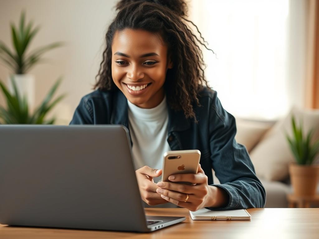Create a realistic high-resolution photo that captures the essence of overcoming financial challenges, specifically focusing on the concept of guarantor loans as an alternative for individuals with bad credit. The image should feature a close-up of a diverse young adult, with a warm and hopeful expression, sitting at a modern desk with a laptop in front of them, symbolizing the act of researching loan options. 

In the background, add soft, out-of-focus elements like a comfortable living room setting with p