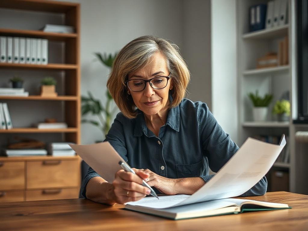Create a highly detailed, realistic high-resolution photo that captures the essence of the topic "Bridge Loans: Filling the Gap Between Payments." The composition should be simple and focused, featuring a single subject: a confident, middle-aged woman sitting at a wooden desk, intently reviewing financial documents. Her facial expression should convey determination and focus. 

In the background, there should be a subtle glimpse of a modern office environment, with shelves filled with neatly organized finan