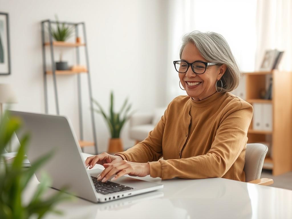 Create a highly realistic, high-resolution photograph that reflects the essence of the blog titled "Looking for a Loan Without the Runaround?". The image should focus on a single subject: a confident, smiling individual sitting at a clean, modern desk with a laptop open in front of them. The individual, a middle-aged professional person with a diverse background, is enthusiastically typing, suggesting a sense of relief and satisfaction in the loan application process. 

The background should be a soft-focus