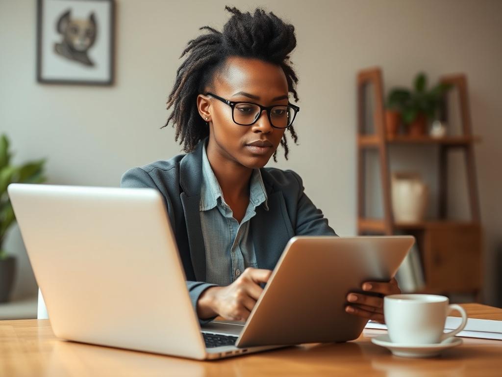 **AI Image Generation Prompt:**

Create a realistic high-resolution photo that conveys the concept of starting a business on a budget without relying on family wealth. Focus on an entrepreneur sitting at a stylish and modern desk, appearing determined and hopeful as they review loan options on a laptop. The entrepreneur should be a diverse individual with an expression of concentration, wearing smart casual attire, reflecting the spirit of innovation and determination.

The background should be softly blurr