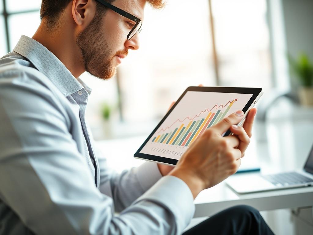 A close-up, hyper-realistic image of a small business owner analyzing financial growth charts on a digital tablet. The setting is a bright, modern office with natural light illuminating a clean desk. The charts displayed on the tablet show upward trends, symbolizing success and growth. The subject is focused and engaged, wearing smart-casual attire, conveying professionalism and ambition. The background is blurred to emphasize the tablet and the business owner.