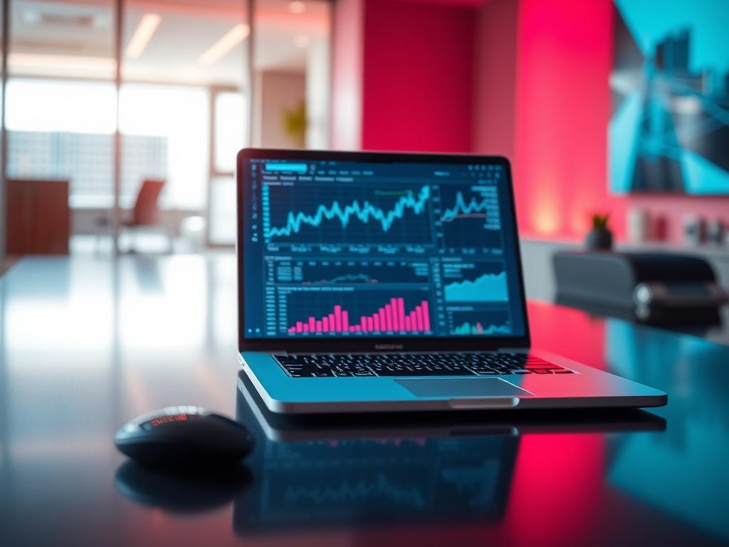 A hyper-realistic close-up shot of a modern fintech office environment, showcasing a sleek desk with a laptop open, displaying financial graphs and analytics. The background should be softly blurred, emphasizing the professional atmosphere. The primary color theme should incorporate shades of rgb(4, 104, 120), creating a vibrant yet sophisticated look.