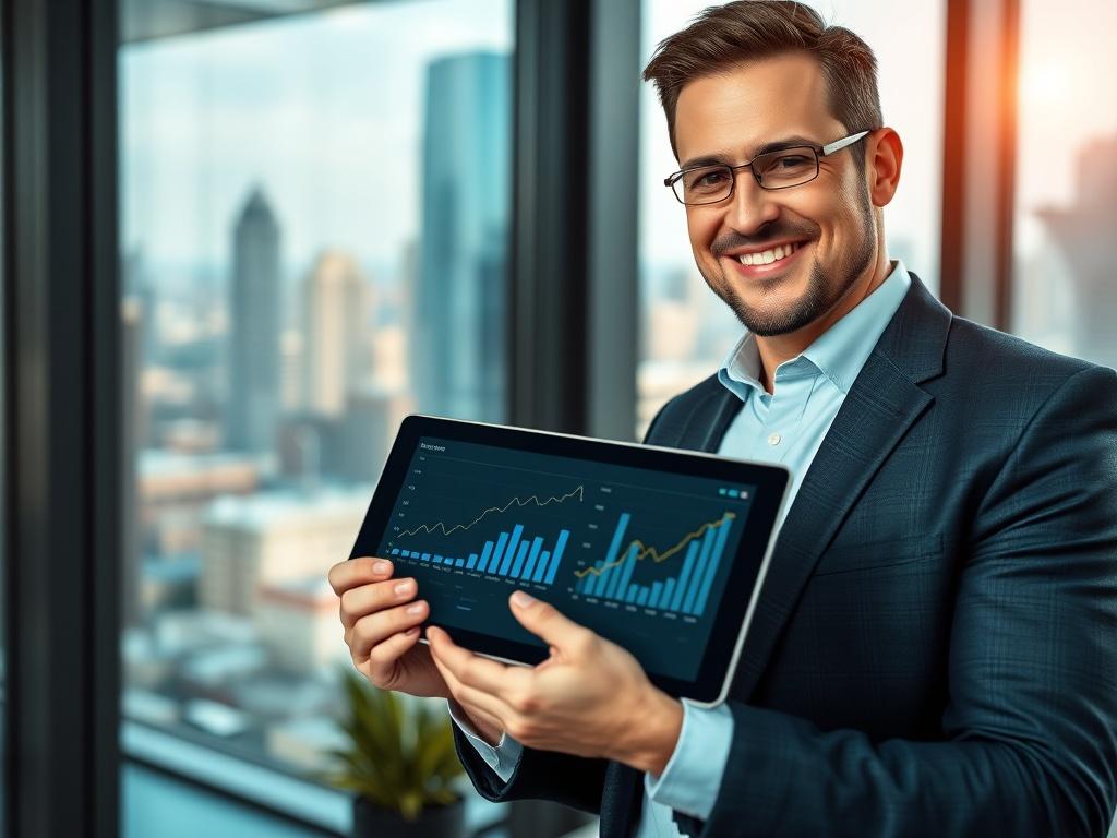 A close-up shot of a confident entrepreneur holding a tablet displaying financial graphs and growth metrics. The setting is a modern office with large windows showing a vibrant cityscape. The entrepreneur is smiling, wearing smart business attire, and appears engaged in analyzing data. The background is slightly blurred to emphasize the subject, with a focus on the tablet screen showing upward trends in graphs, reflecting positive financial growth. The color scheme incorporates shades of teal and grey, alig