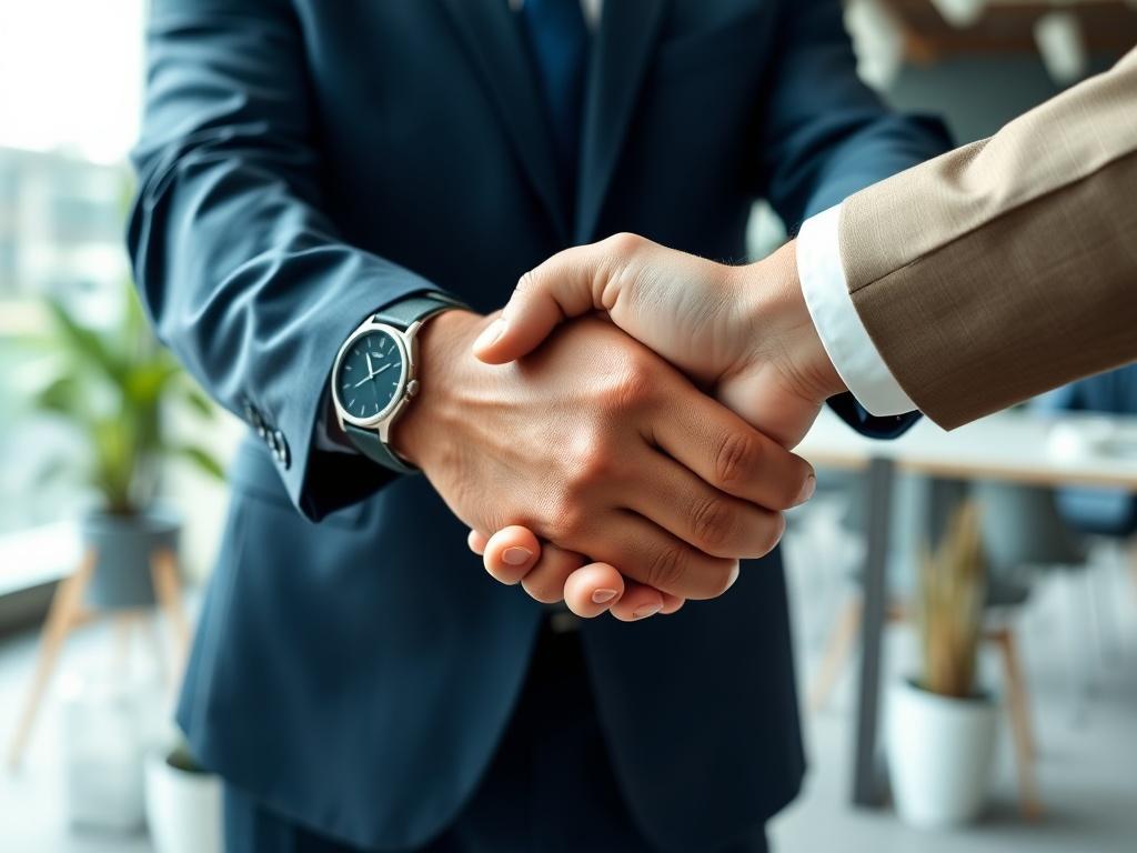 A close-up shot of two business professionals engaged in a handshake, symbolizing a successful partnership. The focus is on their hands, with one person wearing a watch and the other showing a wedding ring, conveying trust and professionalism. The background is softly blurred, featuring a modern office environment with a hint of greenery, emphasizing a positive and collaborative atmosphere. The color scheme incorporates shades of blue and green to align with the brand's primary color, rgb(4, 104, 120). Shot