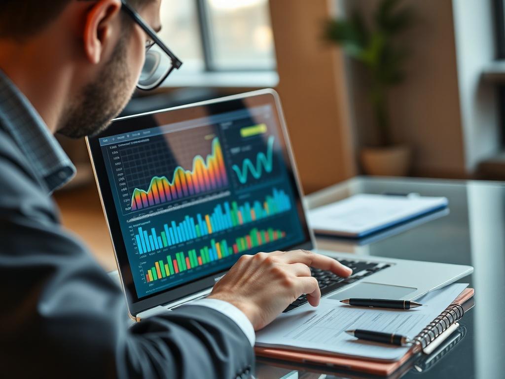 A close-up shot of a business professional working on a laptop, reviewing financial growth graphs and charts. The setting is a modern office with natural light coming from a nearby window, creating a warm and inviting atmosphere. The laptop screen shows vibrant financial data visuals, emphasizing growth and success. The subject is focused and engaged, with a notepad and pen next to them, symbolizing strategy and planning for future financial endeavors.