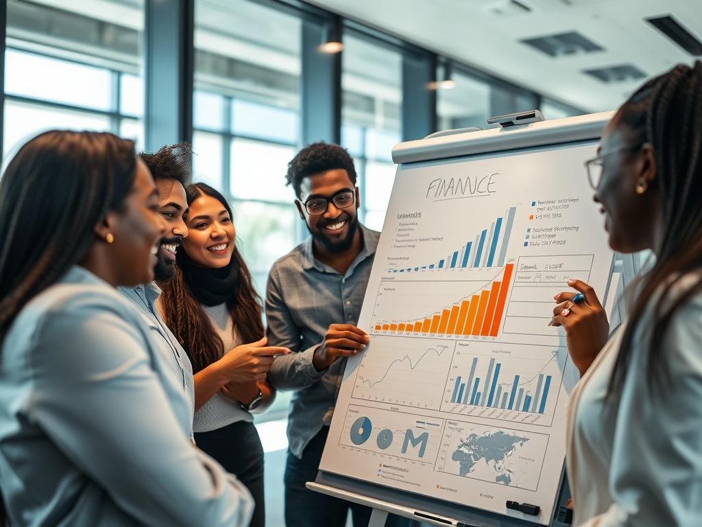 A close-up shot of a diverse group of professionals in a modern office setting, engaged in a brainstorming session about finance growth. The focus is on a whiteboard filled with financial charts and growth projections. The background shows a sleek, contemporary office with large windows allowing natural light to flood in, highlighting a productive atmosphere. The individuals are collaborating enthusiastically, showcasing their determination and ambition to achieve financial growth for their SME.