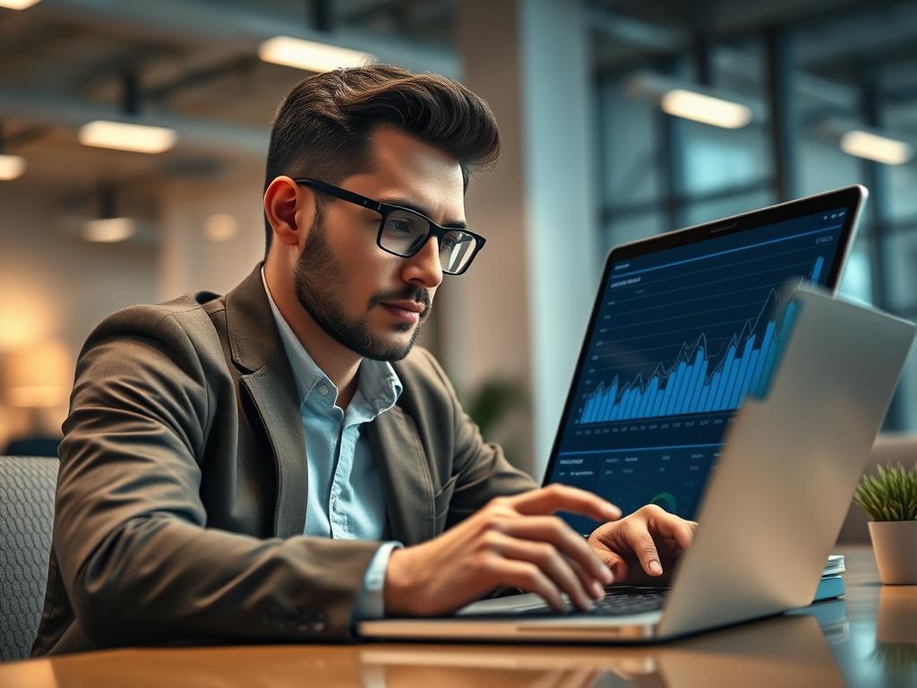 A close-up shot of a confident entrepreneur analyzing financial growth charts on a laptop. The background should be a well-lit modern office space with a minimalistic design. The focus should be on the entrepreneur's focused expression as they interact with the data on the screen, highlighting determination and ambition. The image should be high-resolution and rendered in a hyper-realistic style, capturing the essence of financial analysis in a professional setting.