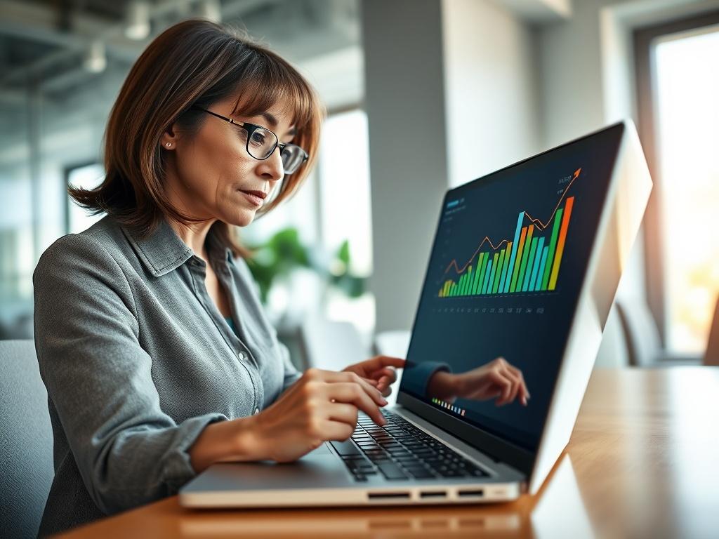 A close-up shot of a business professional analyzing financial growth data on a laptop. The screen displays a colorful graph showing an upward trend. The professional, a middle-aged woman with brown hair and glasses, is focused and taking notes. The background is a clean, modern office space with soft natural light coming through a window.