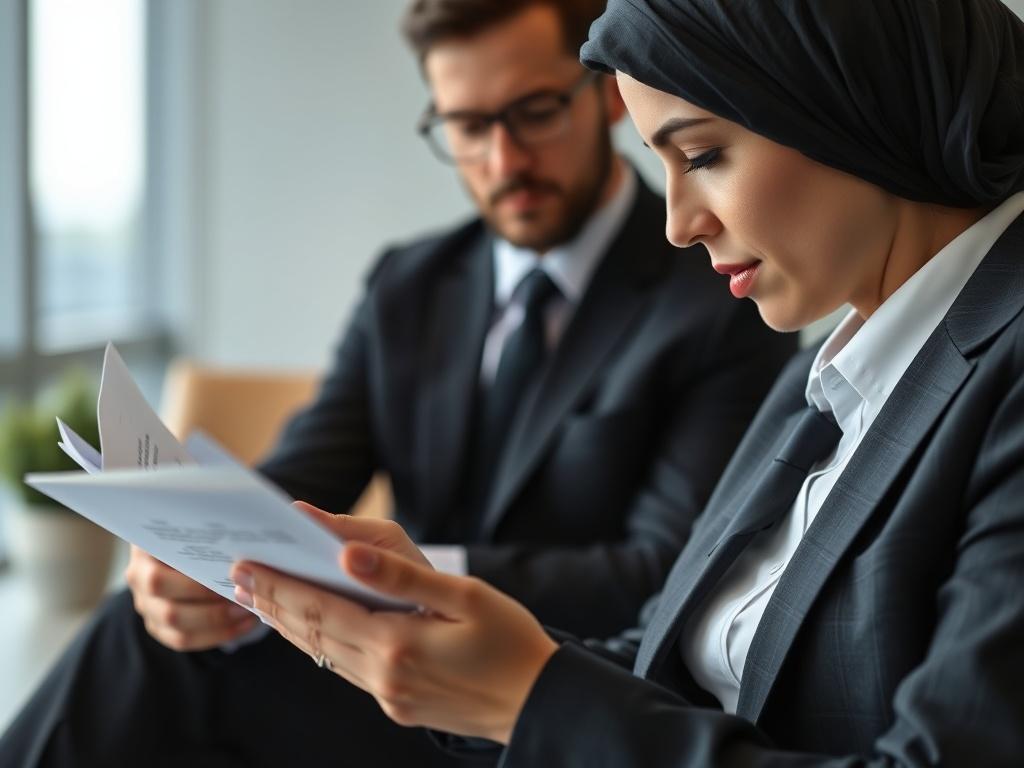 A close-up shot of a business professional reviewing documents with a focus on Islamic finance guidelines. The background should be a softly blurred modern office setting, emphasizing the professional environment. The subject should appear focused and engaged in their work, highlighting the importance of compliance in the financing process.