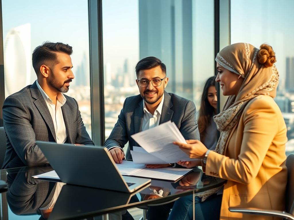 A vibrant scene depicting a business meeting in Dubai, showcasing a small and medium enterprise owner discussing financing options with a lender. The setting is modern and professional, with a glass window view of Dubai's skyline. The focus is on the entrepreneur confidently presenting their business plan, with a laptop open and financial documents on the table. The atmosphere conveys collaboration, ambition, and opportunity. The image should highlight the diverse individuals involved in the discussion, ref