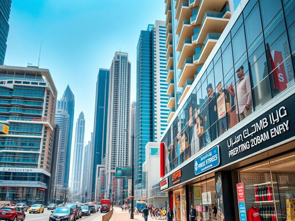 A close-up shot of a bustling Dubai cityscape featuring modern skyscrapers and vibrant business districts. The image captures the energy of entrepreneurship and growth, with small and medium enterprises (SMEs) prominently displayed through storefronts and signage. The skyline is bright and inviting, showcasing Dubai as a hub for financing businesses. The image should convey a sense of opportunity and innovation, highlighting the importance of visibility and recognition for SMEs in the competitive market.