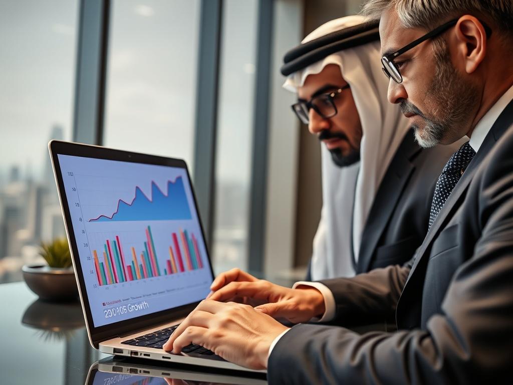 A close-up shot of a business professional analyzing financial growth data on a laptop. The professional, a middle-aged Middle Eastern man in formal attire, appears focused and engaged. The background features a modern office environment with a large window showing a city skyline, emphasizing a sense of ambition and success. The laptop screen displays colorful graphs and charts indicating upward trends in financial growth, capturing the essence of progress and opportunity.