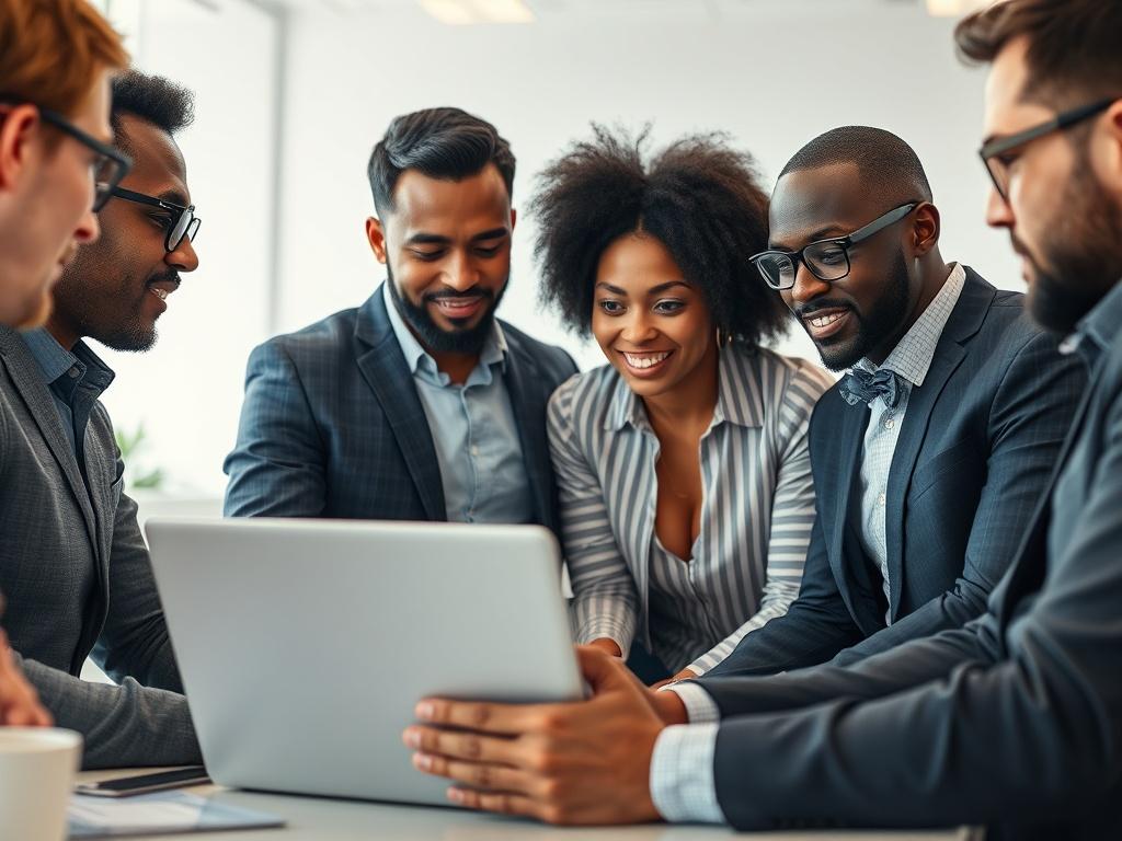 A close-up shot of a diverse group of entrepreneurs gathered around a laptop, analyzing financial data and growth charts. The setting is a modern office space with a clean, bright background. The focus is on the expressions of determination and collaboration among the group as they discuss strategies for financial growth. The image should be hyper-realistic, showcasing details like the laptop screen displaying graphs and figures, and the entrepreneurs engaged in conversation, emphasizing teamwork and ambiti