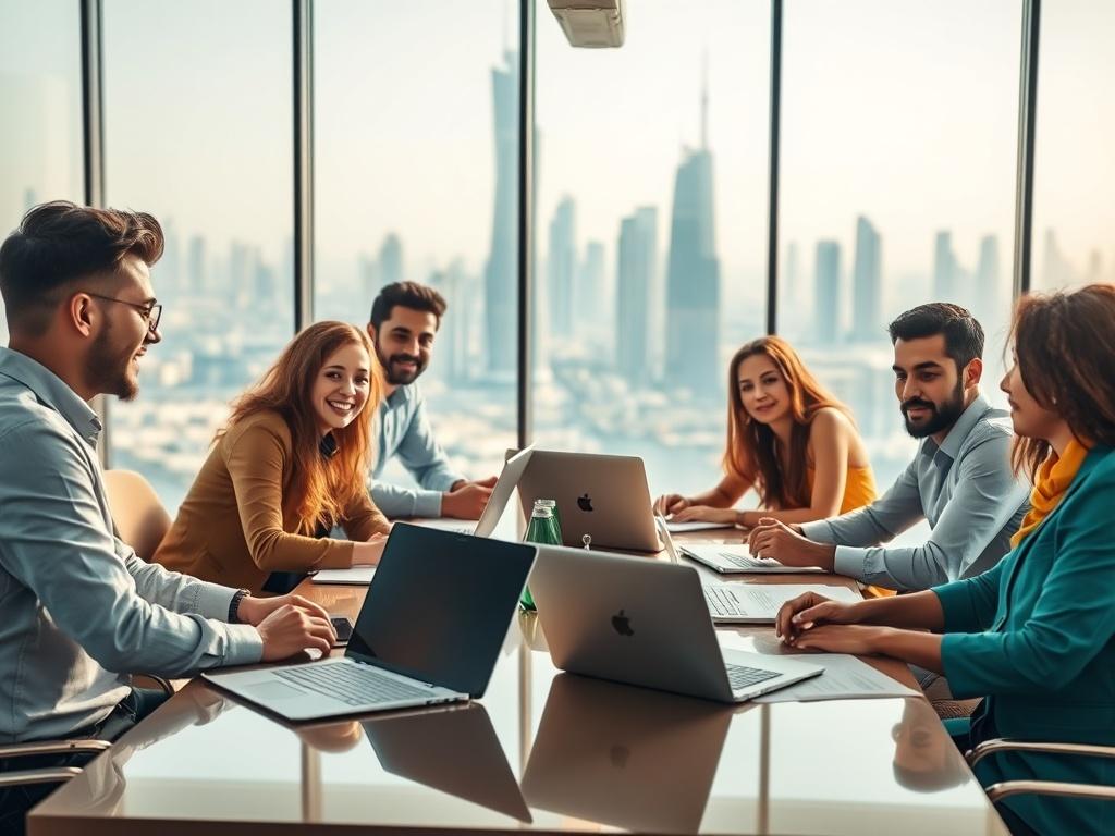A high-resolution close-up photo of a diverse group of entrepreneurs sitting around a modern conference table. They are engaged in a discussion, with laptops and documents spread out in front of them. The background is bright and inviting, featuring a large window with a view of Dubai's skyline. The atmosphere is energetic and collaborative, showcasing ambition and opportunity in the business world. The color palette includes shades of teal, reflecting the primary color rgb(4, 104, 120).