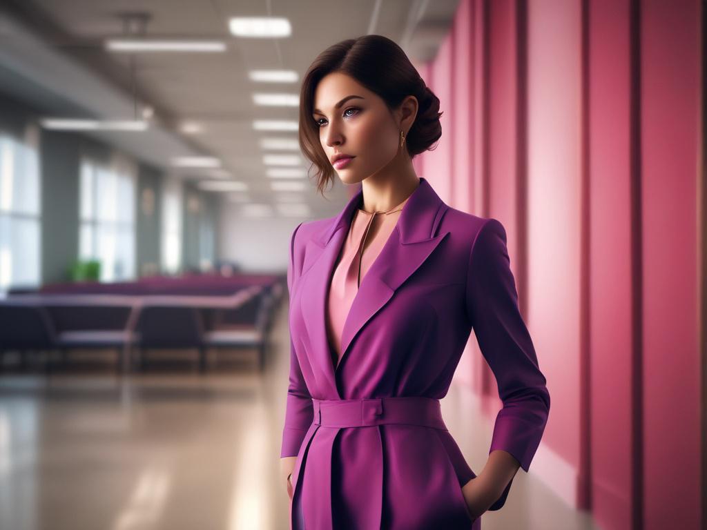 A photorealistic image of a sophisticated woman dressed elegantly, standing