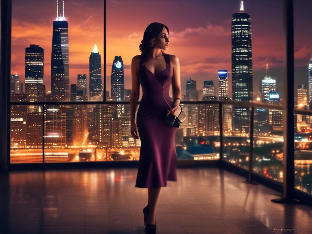 A photorealistic, high resolution image of a glamorous woman dressed
