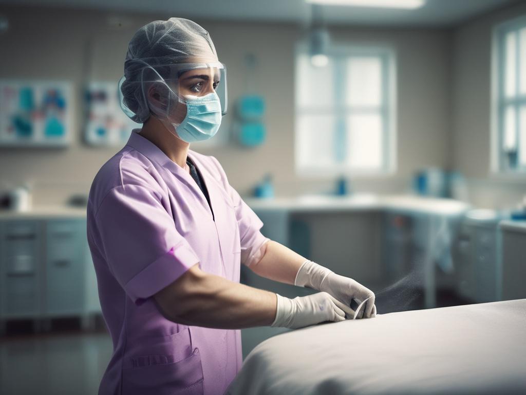 A close-up shot of a healthcare worker in full protective gear, meticulously cleaning a medical examination room. The focus should be on the worker as they use disinfectant wipes on surfaces, emphasizing their dedication to cleanliness. The background should subtly show medical equipment and a sterile environment, with natural light illuminating the scene. The overall color tones should align with rgb(122, 86, 4) to create a harmonious visual experience.