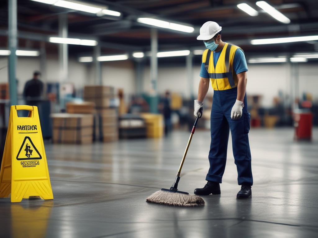 A hyper-realistic close-up shot of a professional cleaner in an industrial facility using specialized equipment to clean a large warehouse floor. The cleaner, wearing safety gear, is focused on removing industrial residues from the floor. The background features large shelves stocked with products, showcasing the scale of the facility. The image is shot with a 45mm f/1.2 lens to emphasize the action and detail of the cleaning process, with warm lighting that enhances the industrial atmosphere.