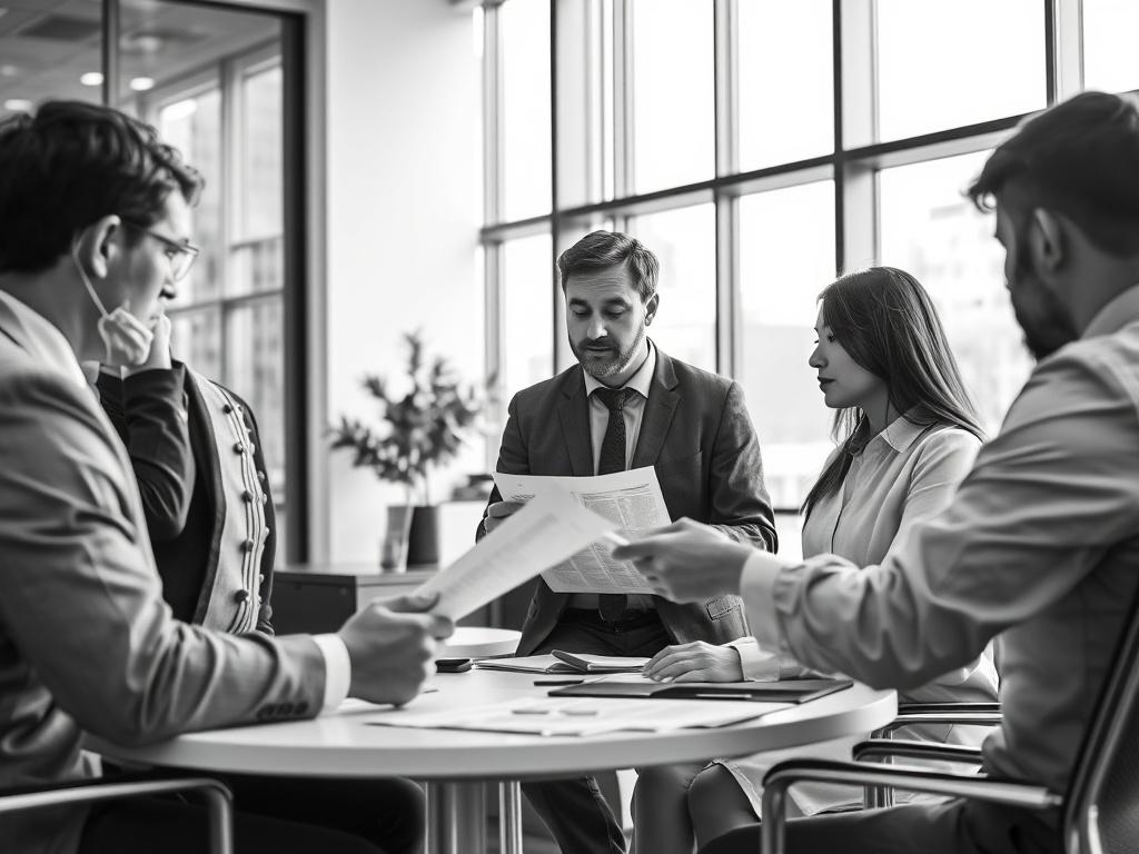 A high-resolution black and white image showing a business professional analyzing documents and discussing with a team in a modern office setting. The scene should convey a sense of diligence and professionalism, with a focus on clear communication and teamwork. The background should be minimalistic, featuring sleek office furniture and a large window allowing natural light to enter, emphasizing transparency and trust.