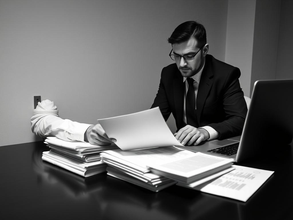 A realistic high-resolution black and white image of a professional consultant analyzing documents on a desk. The consultant is focused and serious, with a stack of papers and a laptop in front of them. The background is minimalistic, emphasizing the consultant's concentration on Due Diligence and Compliance processes.