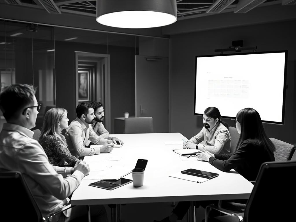 A realistic high-resolution black and white image of a corporate team in a meeting room, discussing quality policies. The setting should be modern and professional, with a simple composition focusing on the team members engaged in a productive discussion. The background should be minimal to emphasize the teamwork and collaboration.
