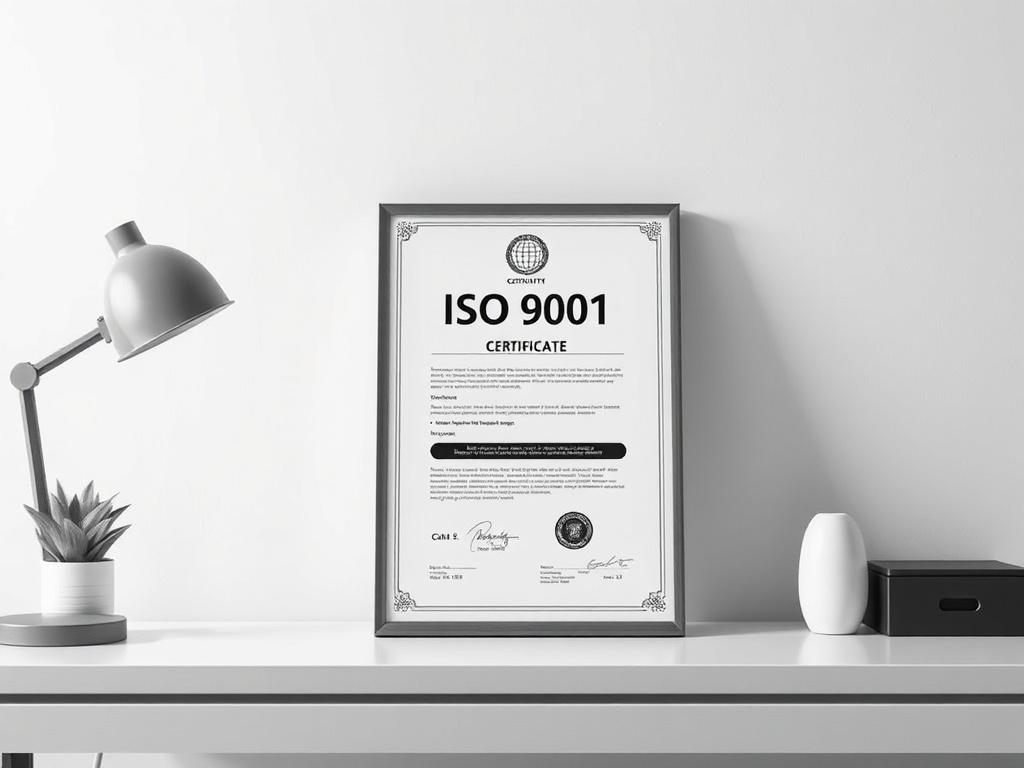 A realistic high-resolution photo of an ISO 9001 certificate prominently displayed on a clean, minimalist desk. The background should be simple and uncluttered, emphasizing professionalism. The certificate should be the focal point, symbolizing quality management and operational excellence. The lighting should be bright yet soft, highlighting the details of the certificate without distractions.