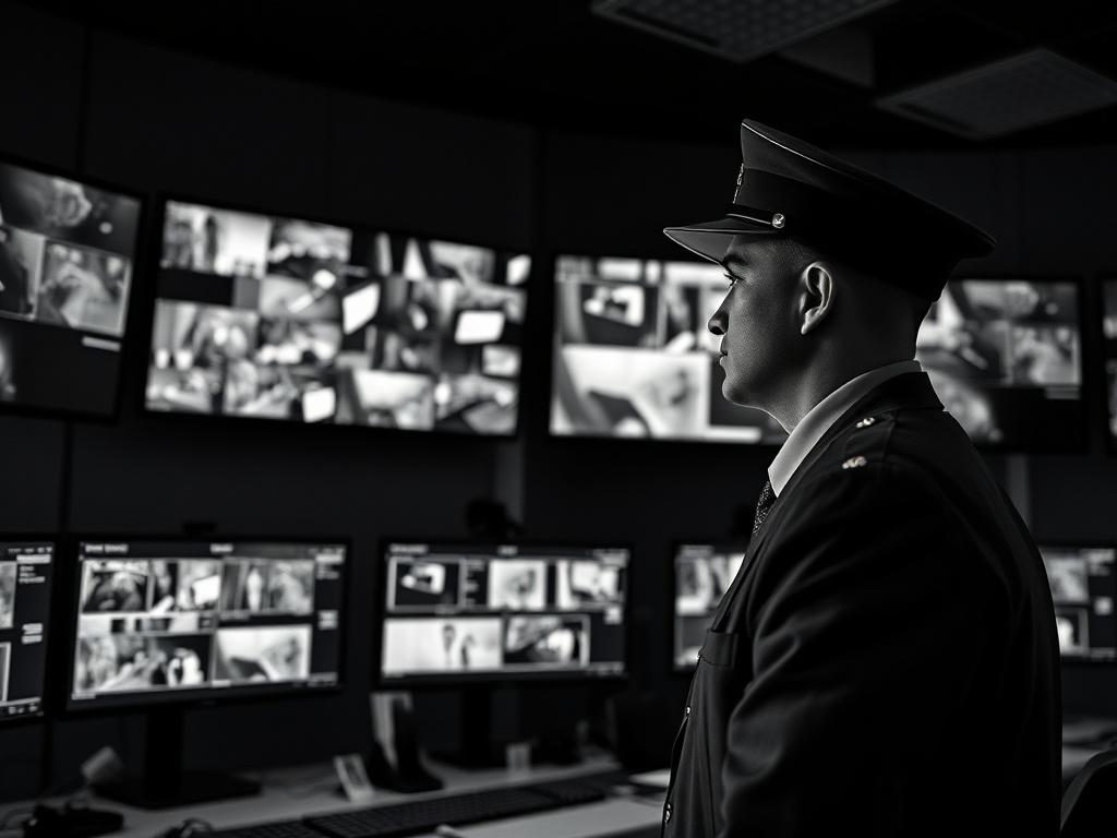 A realistic high-resolution photo of a professional security guard monitoring a surveillance screen in a modern control room. The guard is focused and dressed in a sharp uniform, with multiple screens displaying security footage in the background. The lighting is dim, creating a serious and professional atmosphere, with a black and white color scheme to emphasize the seriousness of the security operation.