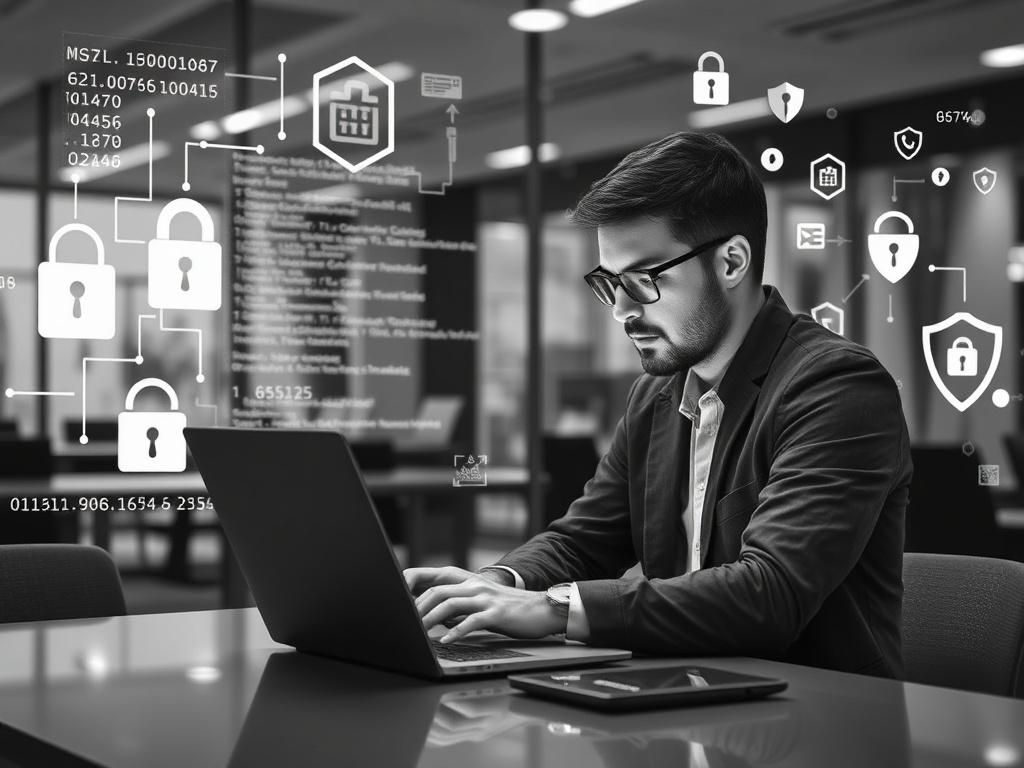 A realistic high-resolution photo of a cybersecurity professional working on a laptop in a modern office environment. The individual is focused, analyzing data on the screen. The background features elements that suggest technology and security, such as digital code, abstract shapes resembling firewalls, and security icons, all rendered in black and white.