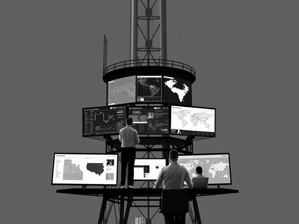 Una torre de control moderna con un equipo de profesionales analizando datos en pantallas, mostrando gráficos y mapas relacionados con la gestión de riesgos. El fondo debe ser sencillo y minimalista, en escala de grises, con un enfoque en el equipo y las pantallas. La imagen debe transmitir un sentido de control y precisión en la gestión de crisis.