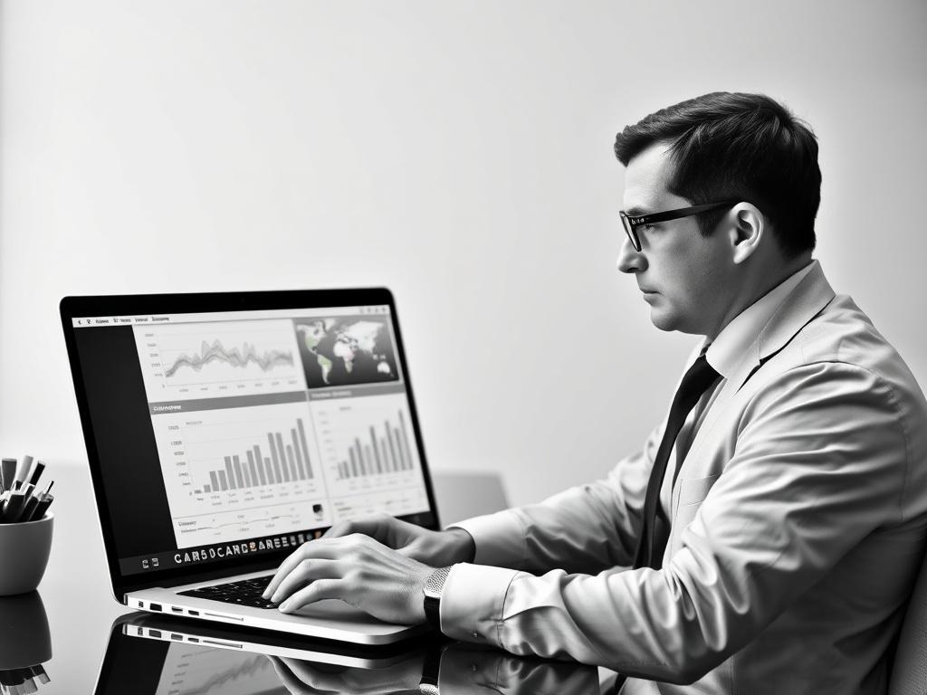 A realistic high-resolution black and white photo depicting a professional consultant analyzing data on a laptop. The setting is a modern office environment with a focus on the laptop screen displaying graphs and charts related to fraud and corruption analysis. The consultant is dressed in formal attire, showcasing a serious and focused demeanor. The background is minimalistic, emphasizing the subject and the technology involved in the antifraud and anticorruption analysis.