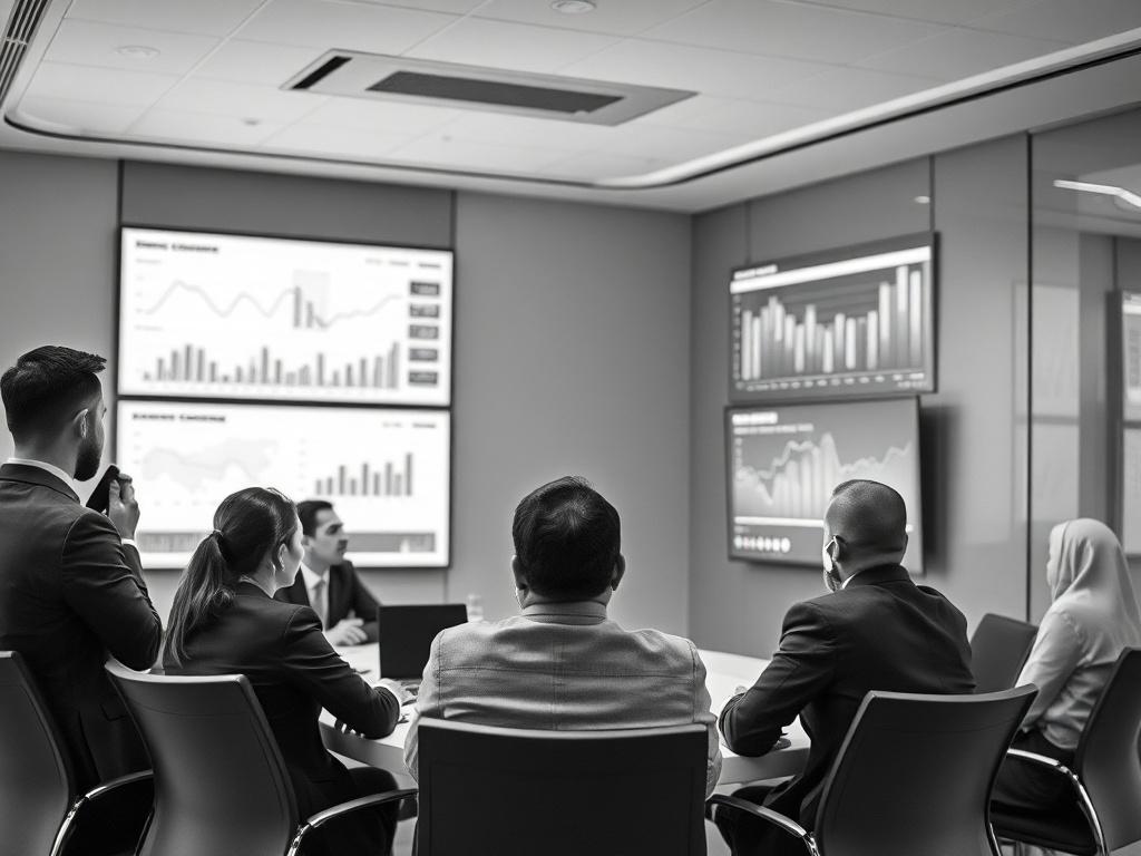 Imagen en blanco y negro que representa la misión de una empresa enfocada en seguridad y gestión de riesgos. El sujeto principal es un grupo diverso de profesionales en una sala de reuniones, discutiendo estrategias. El fondo muestra gráficos y datos analíticos en una pantalla. La composición es clara y profesional, reflejando un ambiente de colaboración y enfoque en la innovación.