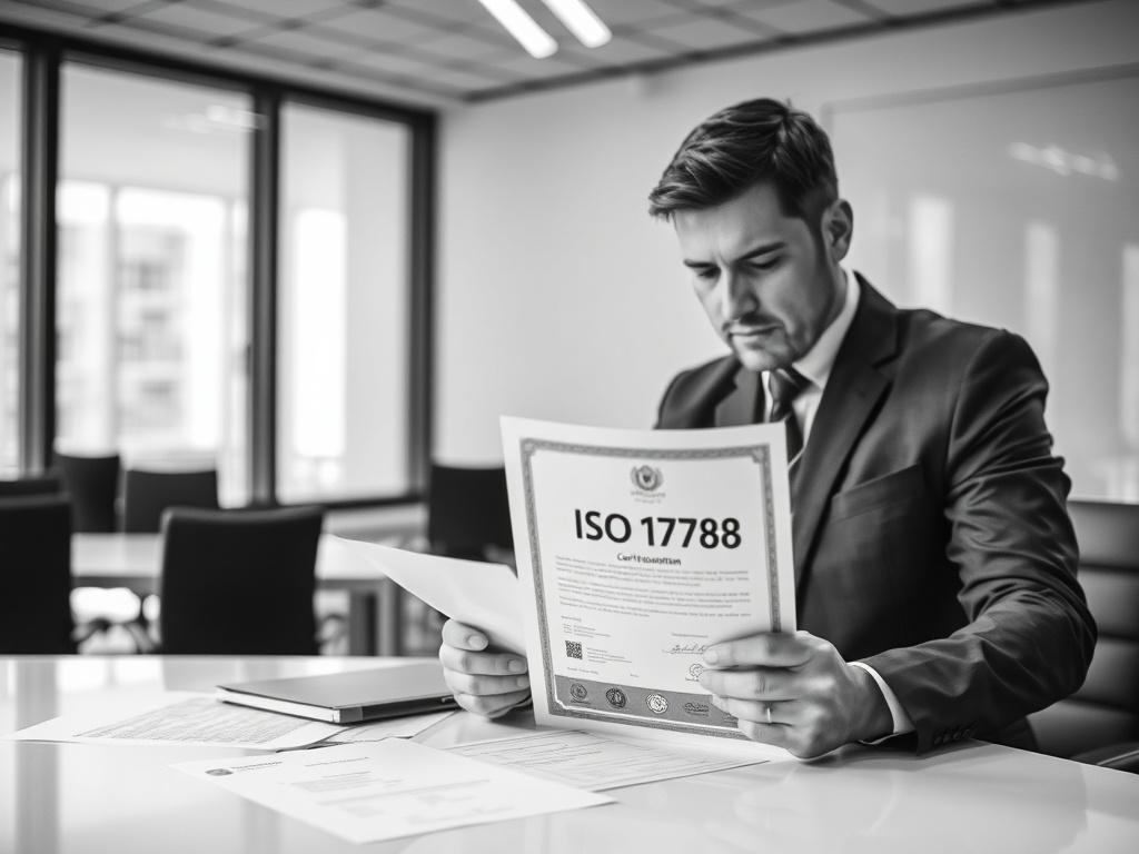 A realistic high-resolution photo showcasing ISO 18788 compliance in a corporate security environment. The image should feature a professional security consultant reviewing documentation on a desk, with ISO 18788 certification documents prominently displayed. The background should be minimalistic, representing a modern office setting, with black and white tones to align with the company’s branding.