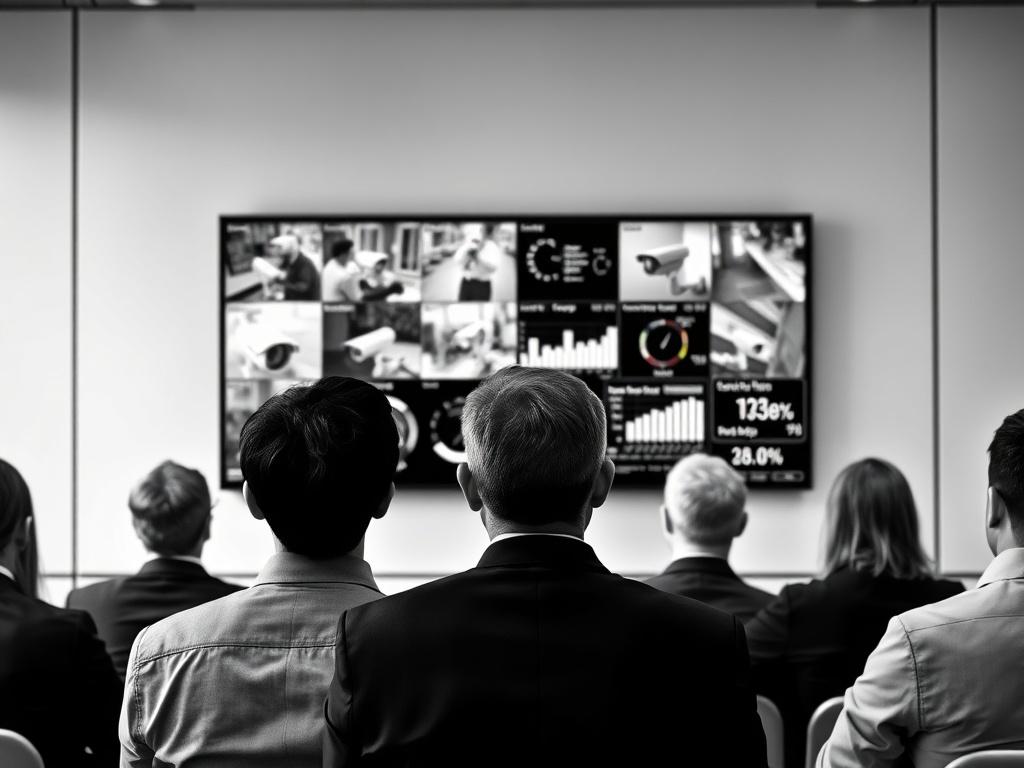 A realistic high-resolution black and white photo depicting a group of people seen from behind, attending a corporate meeting. They are focused on a large screen displaying security visuals, including images of surveillance cameras and various statistics. The individuals are dressed in business attire, and their faces are not visible. The composition is simple and clear, emphasizing the importance of security in a corporate environment.
