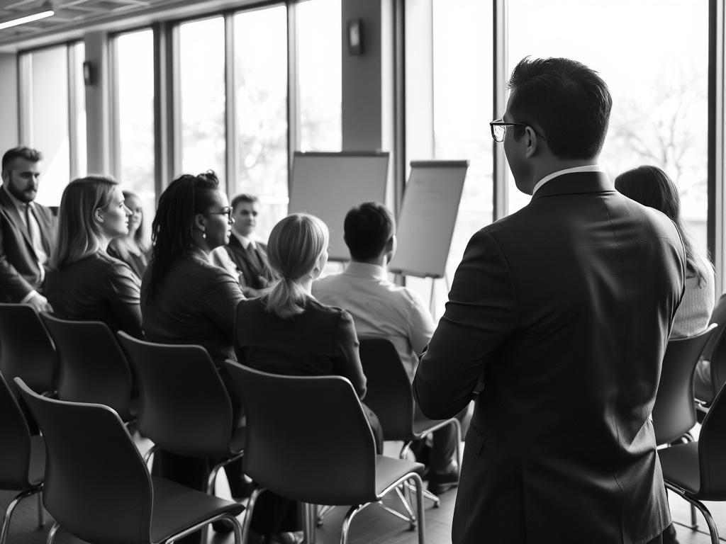 A high-resolution black and white image of a professional training session in a corporate setting. The image should show a diverse group of business professionals attentively listening to a speaker at the front of the room. The speaker is confidently presenting with a whiteboard or screen in the background. The atmosphere should feel focused and engaged, with natural light coming through large windows, creating a modern and professional look.