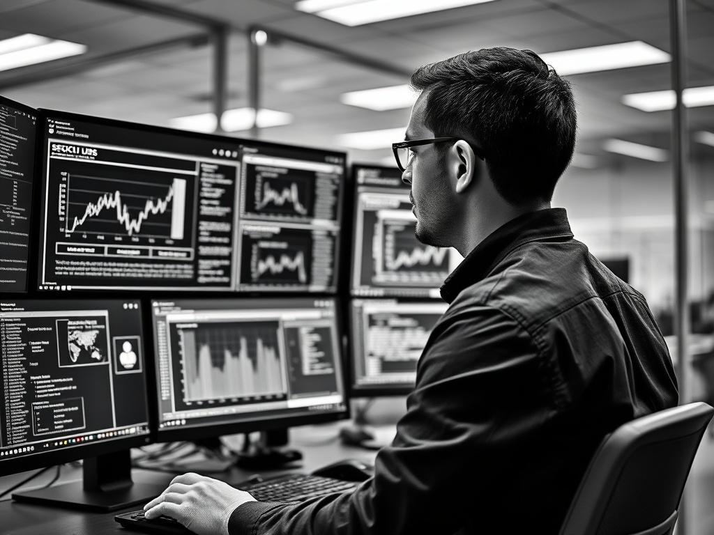 A high-resolution black and white image of a cybersecurity professional monitoring multiple screens displaying data analytics and security alerts. The individual is focused and engaged, with a modern office background that conveys a sense of technology and security. The composition should highlight the screens and the professional, emphasizing the importance of vigilance in cybersecurity.
