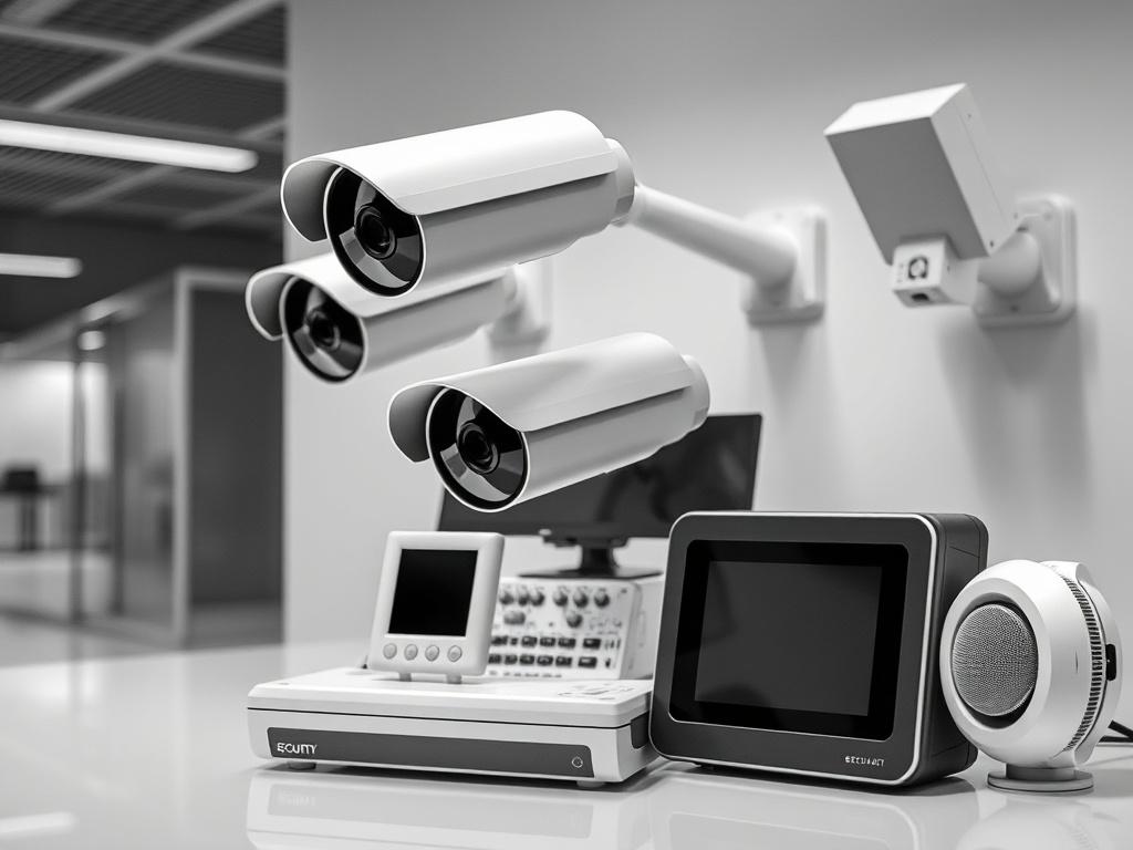 A realistic high-resolution black and white image of a modern security equipment setup, showcasing advanced surveillance cameras, access control systems, and perimeter sensors. The composition should focus on a single, well-designed security device in a professional environment that reflects high standards. The background should be simple and minimalistic, ensuring that the equipment stands out.