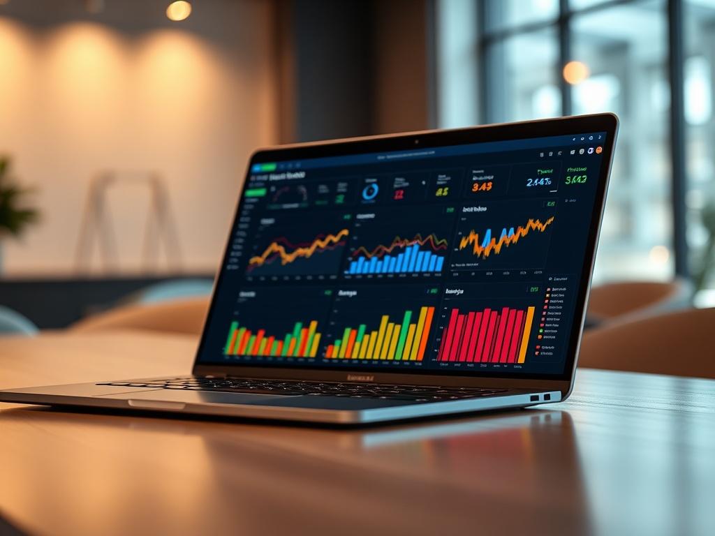 A hyper-realistic close-up shot of a sleek laptop displaying an AI-powered analytics dashboard. The screen shows colorful graphs and charts, reflecting data analysis. The background includes a modern office setting with soft lighting, creating an inviting atmosphere.