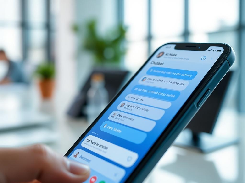 A hyper-realistic close-up shot of a smartphone showing a chat interface with an AI chatbot. The screen is vibrant with user interactions displayed. The background features a blurred modern workspace, emphasizing technology.