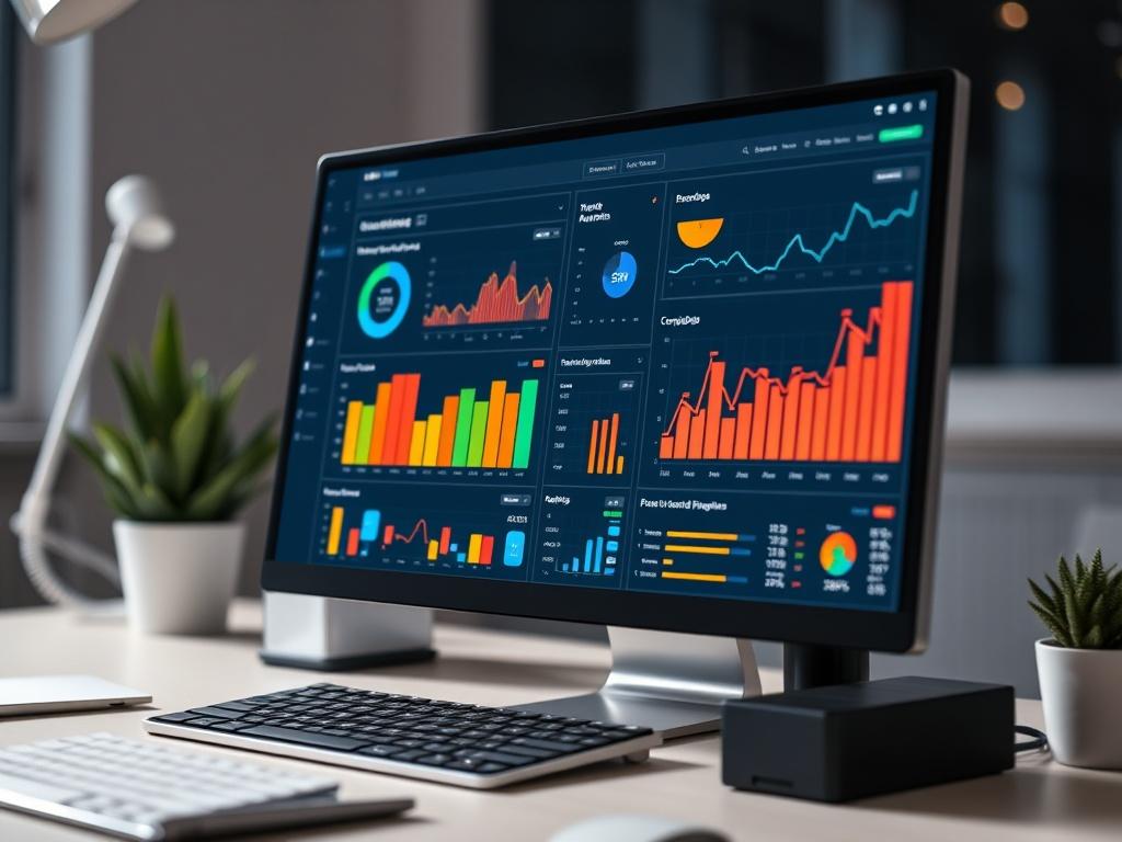 A hyper-realistic close-up shot of a desktop computer displaying a colorful marketing dashboard with graphs and campaign analytics. The workspace is clean and modern, with soft lighting accentuating the tech-savvy environment.