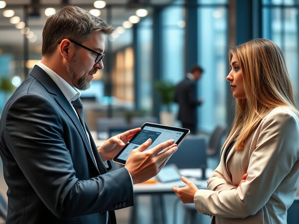 A close-up shot of a professional consultant discussing IT solutions with a client in a modern office setting. The background should be a sleek, contemporary workspace with technological elements, emphasizing collaboration and innovation. The consultant is gesturing towards a digital tablet displaying data, while the client is attentively engaged, showcasing a productive conversation.