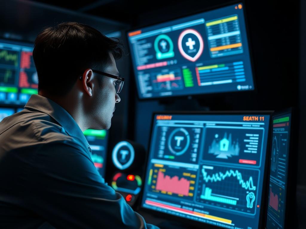 A close-up shot of a cybersecurity expert analyzing data on multiple screens in a high-tech control room. The screens display security metrics and alerts, conveying a sense of vigilance and protection. The environment is dark with vibrant screen lights, emphasizing the seriousness of cybersecurity in a modern business context.