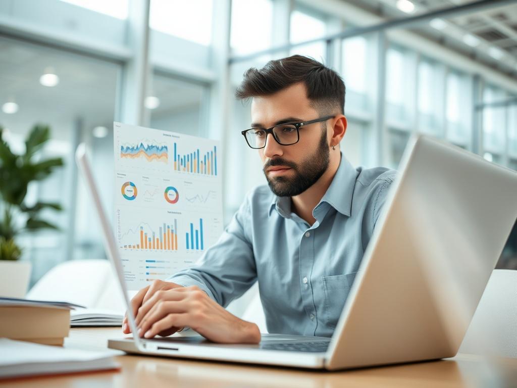 A close-up shot of a business analyst reviewing data reports on a laptop in a bright office environment. The analyst appears focused and engaged, with charts and graphs visible on the screen. The background features a modern office with natural light, symbolizing clarity and insight in decision making.