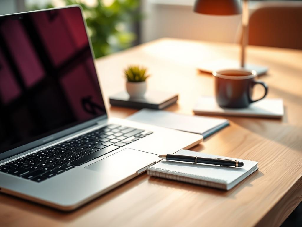 A close-up shot of a modern office desk featuring a laptop, notepad, and a cup of coffee, with a bright and inviting atmosphere. The background is softly blurred to emphasize the desk items, creating a professional yet cozy workspace vibe. Use a hyper-realistic style with vibrant colors and natural lighting.