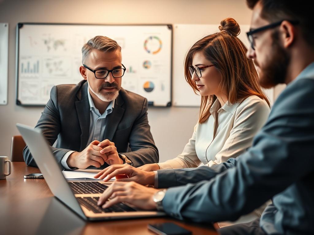 A close-up shot of a professional consultant discussing a digital strategy with a client over a laptop in a modern conference room. The background features a whiteboard with notes and charts, creating a dynamic and engaging environment. Use a hyper-realistic style with warm lighting.